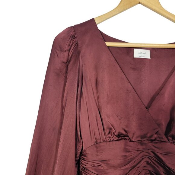 Aritzia Wilfred Women's Truffle Rhythm Dress Satin With Puffed Sleeves Size 2 - Picture 2 of 12